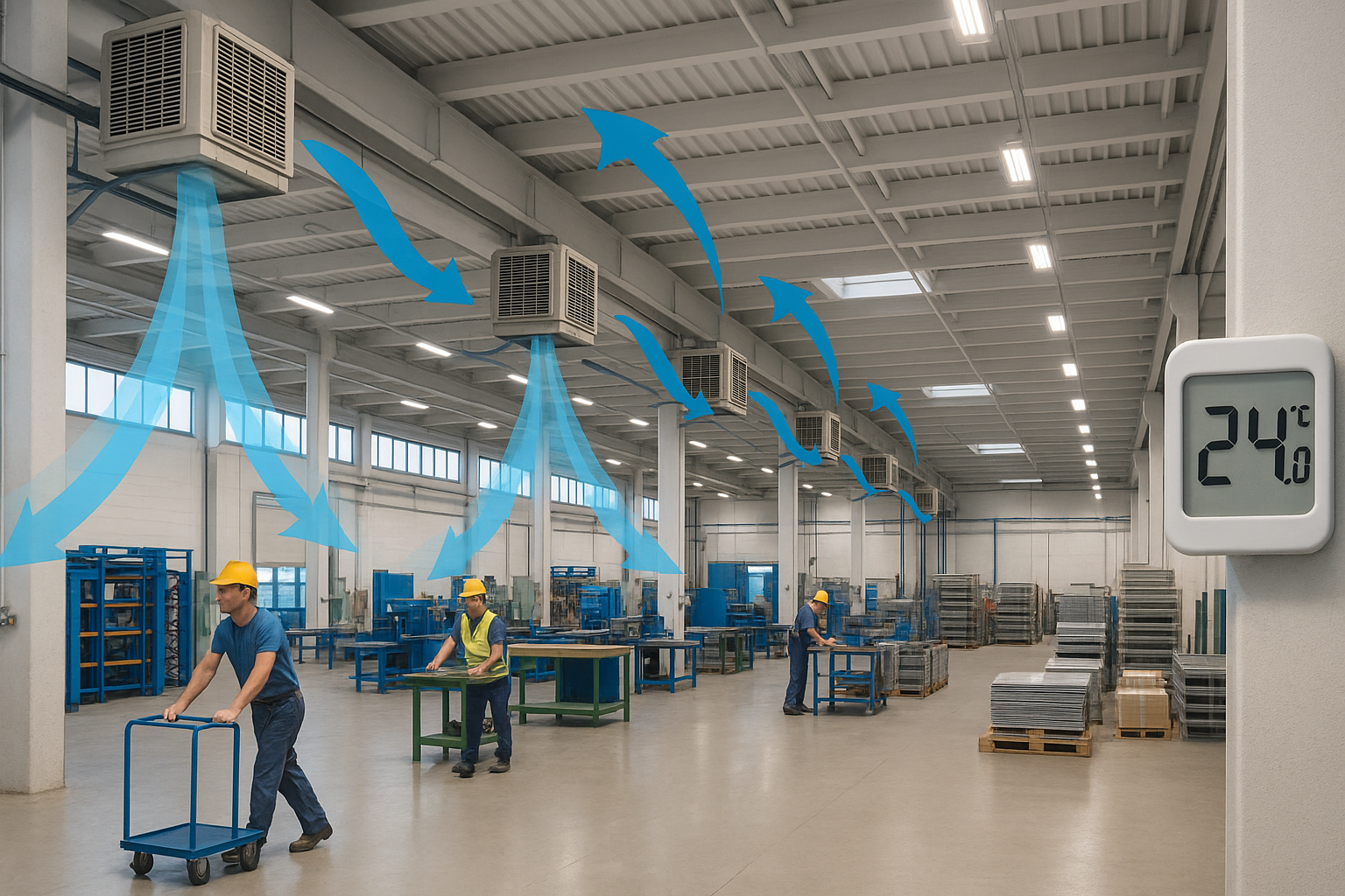 Galpão industrial com climatizadores evaporativos corretamente dimensionados proporcionando conforto térmico ideal