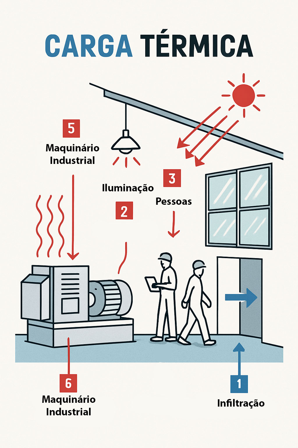 Infografia dos componentes da carga térmica em ambiente industrial para dimensionamento de climatizadores