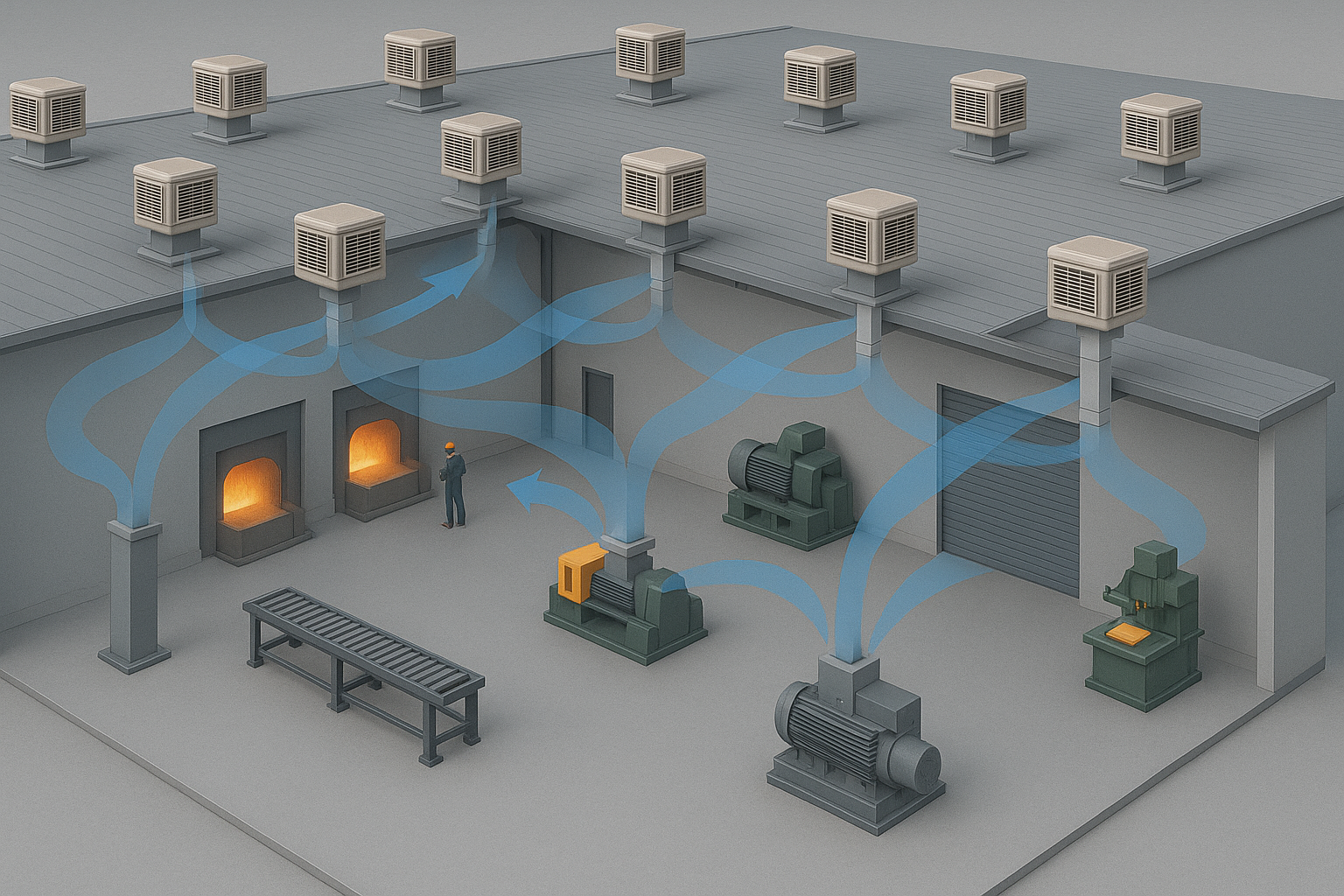 Representação 3D de indústria metalúrgica com climatizadores industriais corretamente dimensionados e posicionados