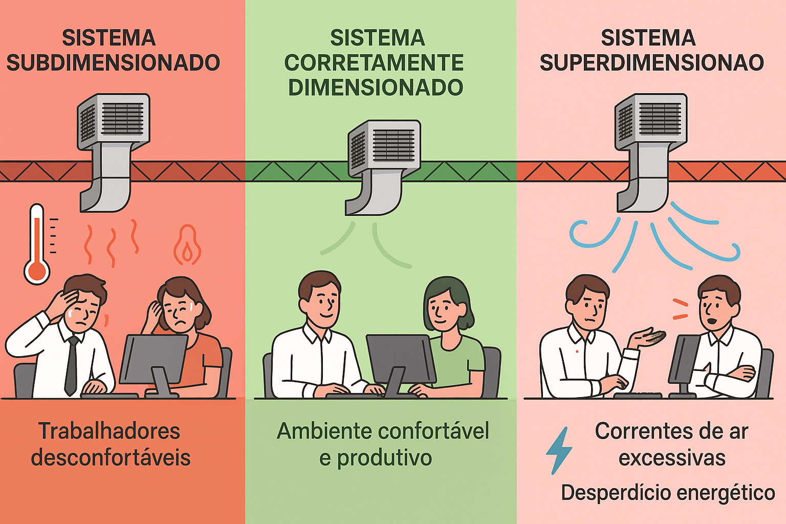 Comparação entre sistemas de climatização industrial subdimensionados, corretamente dimensionados e superdimensionados