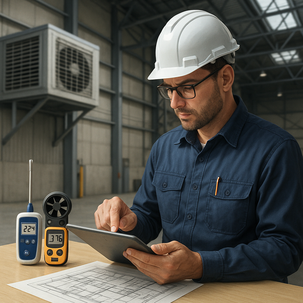 Especialista realizando dimensionamento técnico de climatizadores industriais com equipamentos de medição