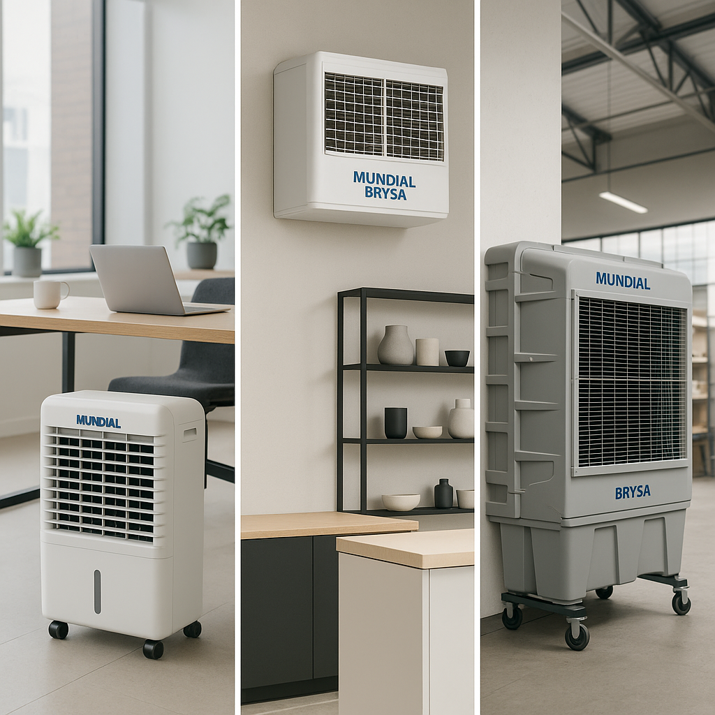 Imagem: Diversos modelos de climatizadores Mundial Brysa em diferentes ambientes (escritório, fábrica, loja), demonstrando a abrangência do portfólio.
