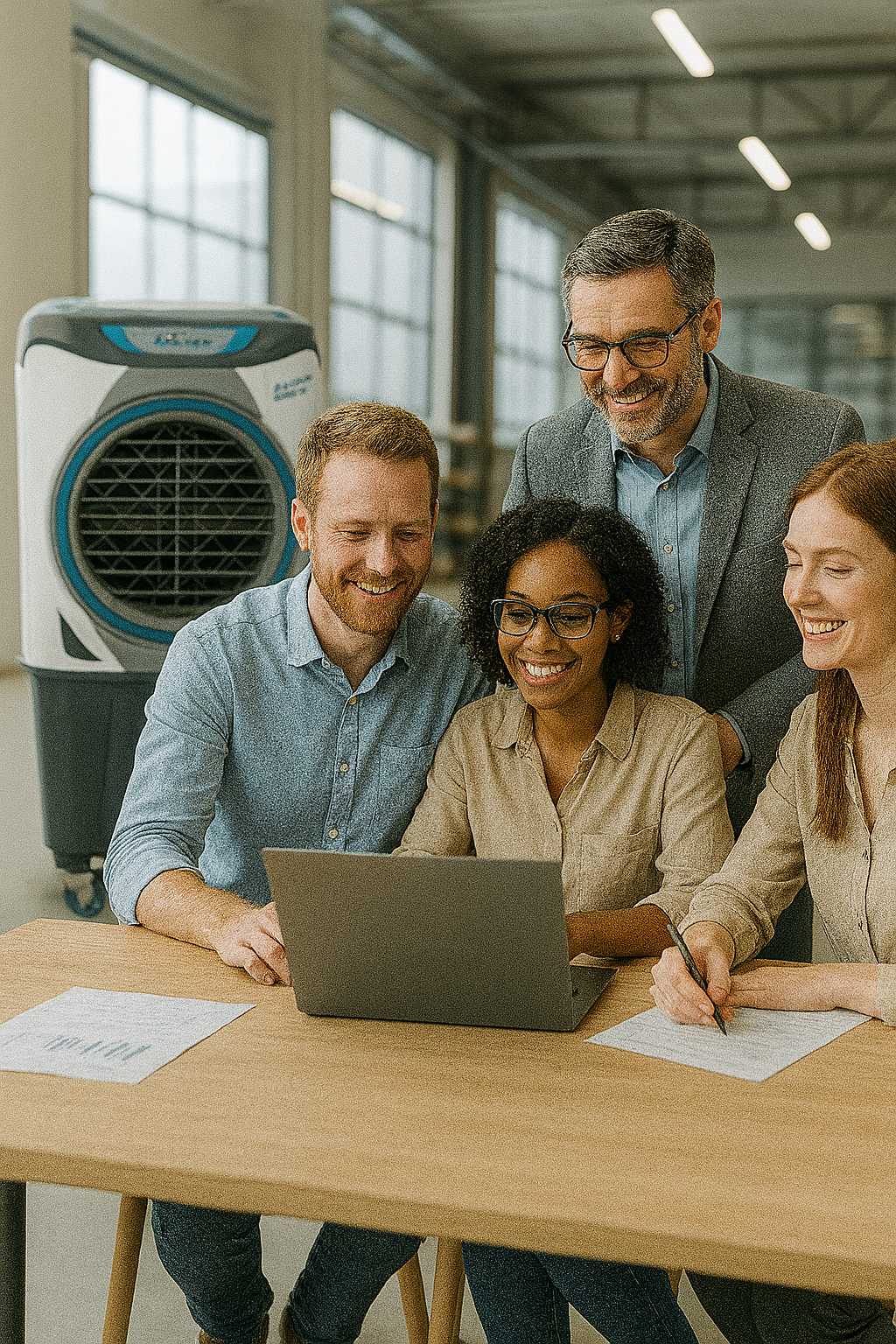Imagem: Representação de um ambiente de negócios ou indústria com pessoas trabalhando confortavelmente, simbolizando produtividade e bem-estar proporcionados por climatizadores certificados.
