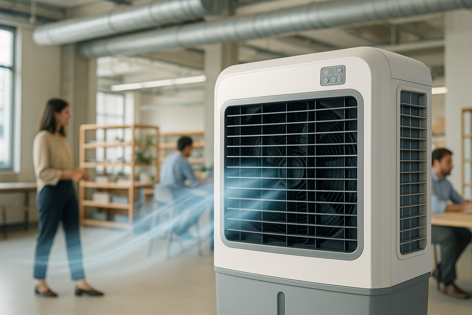 Imagem: Climatizador de ar em um ambiente industrial ou comercial, destacando sua versatilidade e benefícios.